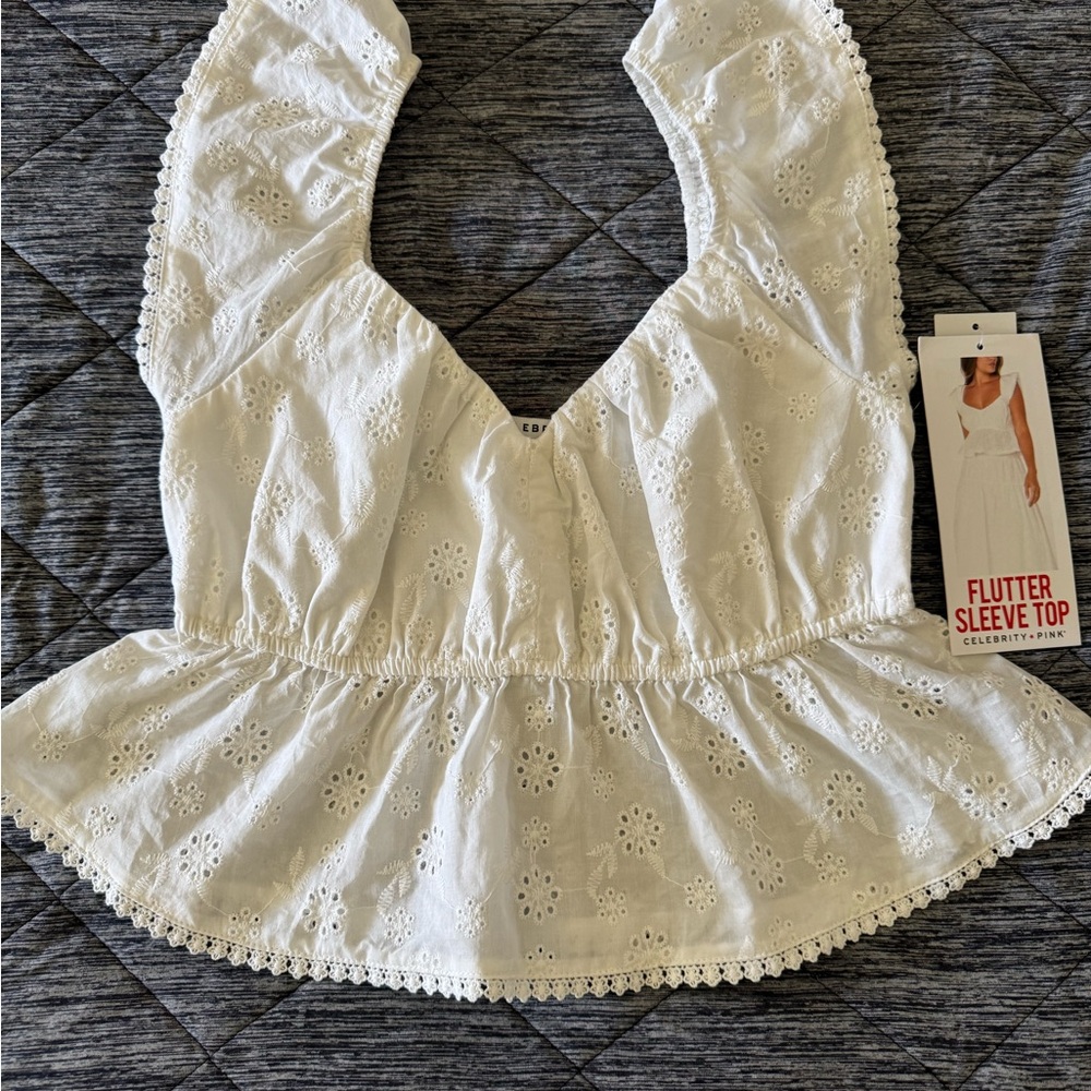 Celebrity Pink White Eyelet Flutter Sleeve Top